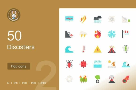 50 Disasters Flat Multicolor Icons for Graphics and Digital Products