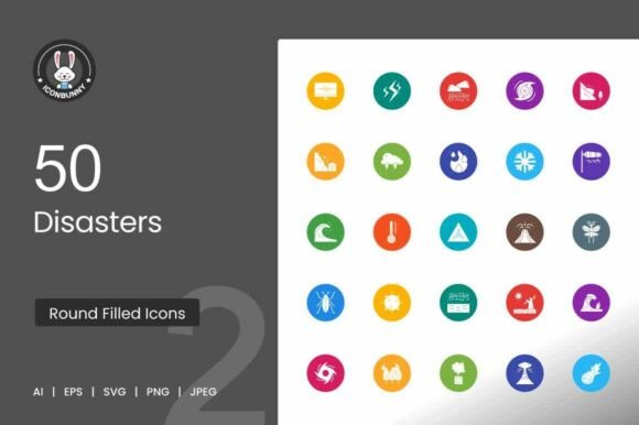 50 Disasters Flat Round Icons for Graphic Design Projects