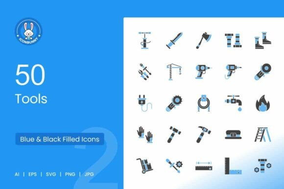 50 Tools Blue Black Icons for Graphic Design Projects