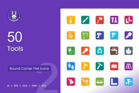 50 Tools Filled Round Corner Icons for Branding and Packaging