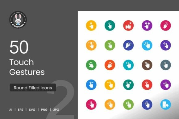 50 Touch Gestures Flat Round Icons for Modern Graphics