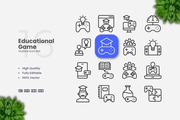 Educational Game Outline Icons - Clean Graphics for Creative Projects