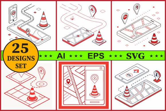 GPS Navigation Map Vector Set Review for Embroidery
