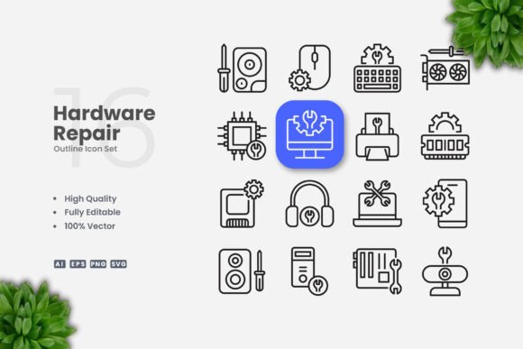 Hardware Repair Outline Icons for Local Business Branding