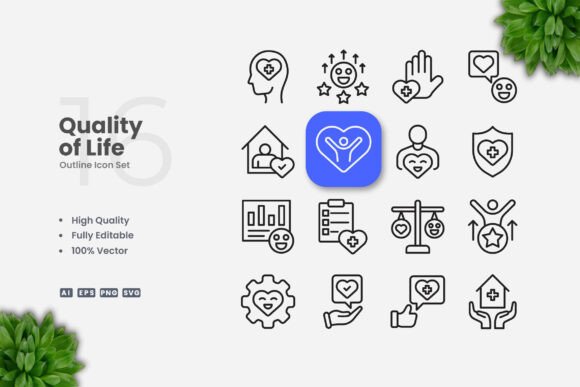 Quality of Life Outline Icons for Graphic Design